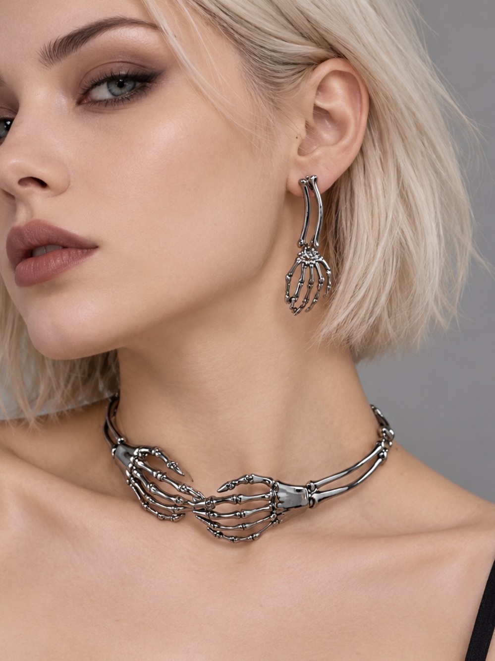 Silver Skeleton Hand Necklace and Earring Set